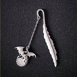 Antique Silver Luminous Alloy Bookmarks, Glow in the Dark Feather Bookmarks, Dragon Pendant Book Marker, with Cable Chains, Antique Silver, 115mm