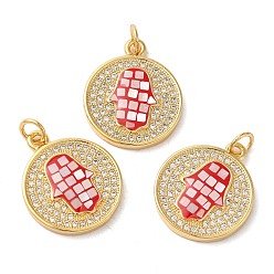 Красный Плоские круглые подвески из латуни с фианитом и хамсой, с эмалью и ракушкой, долговечный, без свинца и без кадмия, реальный 18 k позолоченный, с прыжковых колец, красные, 20x17x3 мм, отверстие : 3 мм