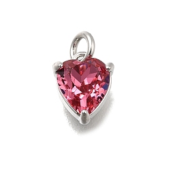Светло-Вишневый Сердце из латуни со стеклянными подвесками, одиночные каменные прелести, без кадмия и без свинца, долговечный, стойки покрытие, платина, светло-вишневый, 9x7x4.5 мм, отверстие : 2 мм