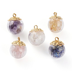 Mixed Stone Natural Mixed Gemstone Chip Pendants, with Golden Plated Alloy Bead Caps, Brass Ball Head pins and Glass Globe Bottles, Round, 20x16.5mm, Hole: 2mm