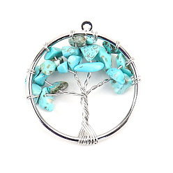 Synthetic Turquoise Synthetic Turquoise Tree fo Life Pendants, Iron Ring Chip Gems Tree Charms, Platinum, 30mm