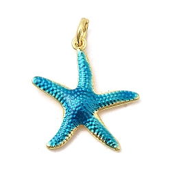 Синий Латунные эмалевые подвески с морскими животными, прелести морская звезда, без свинца и без кадмия, долговечный, стойки покрытие, реальный 18 k позолоченный, синие, 22x20.5x2.5 мм, отверстие : 3.5 мм