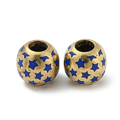 Blue Brass Enamel European Beads, Large Hole Beads, Golden, Round with Star, Blue, 13x12mm, Hole: 5mm