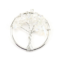 Opalite Opalite Tree fo Life Pendants, Iron Ring Chip Gems Tree Charms, Platinum, 30mm