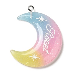 Pink Gradient Color Translucent Resin Pendants, Glitter Moon Charms with Platinum Tone Iron Loops, Pink, 40x34x5mm, Hole: 2mm