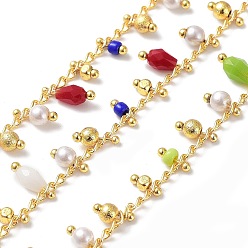 Mixed Color Handmade Brass Curb Chains, with Glass Charms, Real 18K Gold Plated, Soldered, with Spool, Mixed Color, 3mm