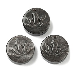 Silver Sheen Obsidian Подвески из натурального серебристого обсидиана, плоский круглый с резными подвесками в виде цветка лотоса, 25~25.5x8~11 мм, отверстие : 1.5~2 мм
