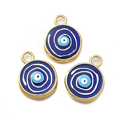 Темно-Синий Латунь эмаль подвески, без свинца и без кадмия, реальный 18 k позолоченный, плоский круглый с оберегом от сглаза, темно-синий, 28x22x4.5 мм, отверстие : 4.5 мм