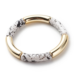 Blanc Bracelet extensible perlé tube incurvé acrylique, gros bracelet d'amitié en bambou pour femme, blanc, diamètre intérieur: 2-1/8 pouce (5.3 cm)