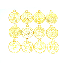 Golden Alloy Pendants, Flat Round with Twelve Constellation Pattern, Golden, 20x17mm, Hole: 2mm, 12pcs/set