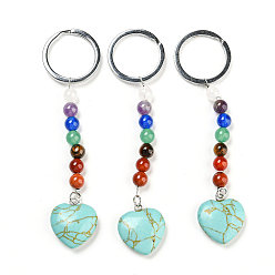 Synthetic Turquoise Dyed Synthetic Turquoise Heart Pendant Keychain, with 7 Chakra Gemstone Beads and Platinum Tone Brass Findings, 10cm