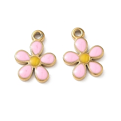 Бледно-Розовый 304 нержавеющей стальной эмали подвески, , реальный 18 k позолоченный, ионное покрытие (ip), розовый жемчуг, 17x13x2.5 мм, отверстие : 1.8 мм