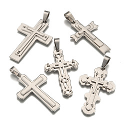 Stainless Steel Color 304 Stainless Steel Big Pendants, with 201 Stainless Steel Clasp, Cross, Stainless Steel Color, 69~73x34~44x6~8mm, Hole: 15x9mm
