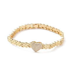 Real 16K Gold Plated Cubic Zirconia Heart Link Bracelets, Brass Jewelry for Women, Real 16K Gold Plated, 7 inch(17.7cm), 6.5mm