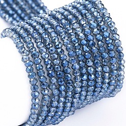 Marine Blue Electroplate Glass Beads Strands, Full Rainbow Plated, Faceted, Rondelle, Marine Blue, 2x1.5mm, Hole: 0.6mm, about 235~247pcs/Strand, 14.57~14.76 inch(37~37.5cm)