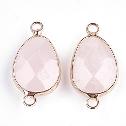 Rose Quartz Natural Rose Quartz Links connectors, with Brass Findings, Nickel Free, Faceted, teardrop, Golden, 27.5x14.5~15x6~6.5mm, Hole: 2mm