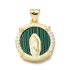 Dark Green Religion Brass & Clear Cubic Zirconia & Acrylic Pendants, Flat Round with Virgin Mary Pattern Charms, Real 16K Gold Plated, Dark Green, 18x16x3mm, Hole: 4x3mm