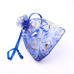 Medium Blue Rectangle Printed Organza Drawstring Bags, Gold Stamping Eyelash Pattern, Medium Blue, 9x7cm