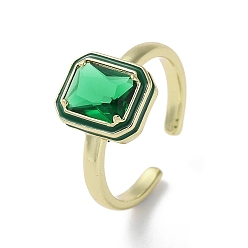 Green Rack Plating Real 18k Gold Plated Brass Open Cuff Rings, Rectangle Cubic Zirconia Ring with Enamel, Lead Free & Cadmium Free, Green, US Size 7 1/4(17.5mm)