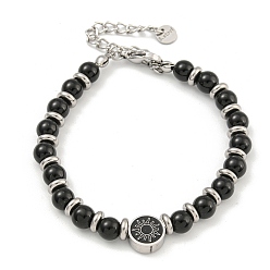 Солнце 304 женские браслеты из нержавеющей стали и стекла с круглыми бусинами, чёрные, солнце, 6-7/8 дюйм (17.4 см)