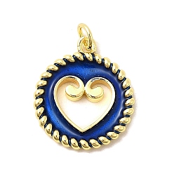 Синий Латунь эмаль подвески, плоские круглые подвески с полыми сердечками, без свинца и без кадмия, долговечный, стойки покрытие, реальный 18 k позолоченный, синие, 20.5~21x18x2.5 мм, отверстие : 3.4 мм