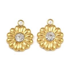 Кристалл 304 прелести нержавеющей стали, со стразами, цветочный шарм, реальный 18 k позолоченный, ионное покрытие (ip), кристалл, 14.5x11.5x3.5 мм, отверстие : 1.8 мм