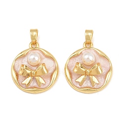 Pink Brass Enamel Pendants, with ABS Plastic Imitation Pearl, Flat Round with Bowknot Charms, Real 18K Gold Plated, Pink, 21x18x6mm, Hole: 4.5x3mm