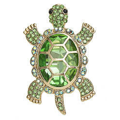 Light Green Golden Alloy Brooches, with Rhinestone & Glass, Tortoise Pins, Light Green, 57x40mm