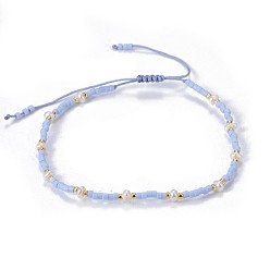 Light Steel Blue Adjustable Nylon Cord Braided Bead Bracelets, with Japanese Seed Beads and Pearl, Light Steel Blue, 1-3/4 inch~2-3/4 inch(4.6~7cm)