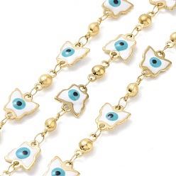White Ion Plating(IP) Enamel Butterfly with Evil Eye Link Chains, with Gold Plated 304 Stainless Steel Findings, Unwelded, with Spool, White, 10x8.5x2mm, 8.5x4x3.5mm
