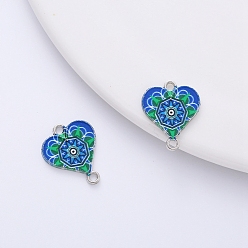Royal Blue Valentine's Day Theme Alloy Enamel Connector Charms, Platinum, Heart with Flower Pattern, Royal Blue, 20x17mm, Hole: 2mm