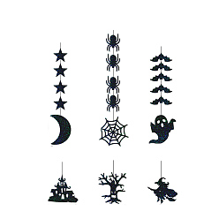 Black PET Halloween Theme Pendant Decorations, for Party Display Decorations, Moon & Star & Spider & Bat & Ghost & Witch, Black, 90~110x75~115mm