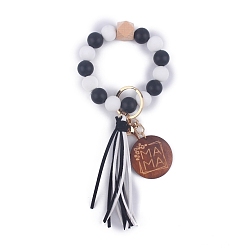Black Silicone Beaded Wristlet Keychain, with Imitation Leather Tassel and Word Mama Board, for Women Car Key or Bag Decoration, Black, 20cm