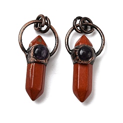 Красный Камень Подвески из натурального аметиста и красной яшмы, подвески-пули с двумя концами в форме заостренных граней и латунными соединительными кольцами, без кадмия и без свинца, Красная медь, 37.5~38.5x19x12~13 мм, отверстие : 6 мм