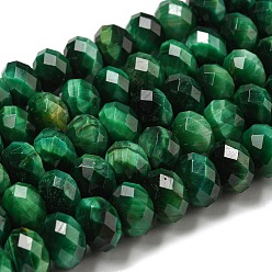 Green Natural Tiger Eye Beads Strands, Faceted, Dyed, Rondelle, Green, 8~8.5x5~5.5mm, Hole: 1mm, about 71pcs/strand, 15.31''(38.9cm)