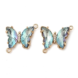 Pale Turquoise Brass Pave Faceted Glass Connector Charms, Golden Tone Butterfly Links, Pale Turquoise, 20x22x5mm, Hole: 1.2mm