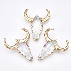 Золотой Гальваническое стекло большие подвески, с железной фурнитурой, цвет AB, форма головы быка, ясно AB, золотые, 45~60x35~50x15 мм, отверстие : 2 мм