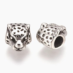 Antique Silver 304 Stainless Steel European Beads, Large Hole Beads, Leopard, Antique Silver, 9x10.5x13.5mm, Hole: 5mm