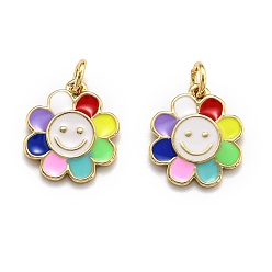 Colorful Brass Enamel Charms, Real 18K Gold Plated, Long-Lasting Plated, Flower, Colorful, 14.5x13x1.5mm, Hole: 3mm