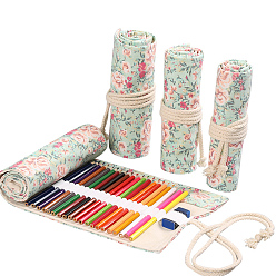 Flower Pattern Handmade Canvas Pencil Roll Wrap, 24 Holes Roll Up Pencil Case for Coloring Pencil Holder, Flower Pattern, 34x20cm