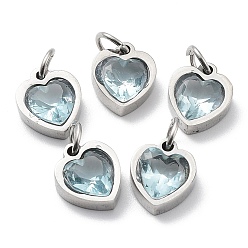 Light Sky Blue 304 Stainless Steel Pendants, with Cubic Zirconia and Jump Rings, Single Stone Charms, Heart, Stainless Steel Color, Light Sky Blue, 9x8x3mm, Hole: 3.6mm