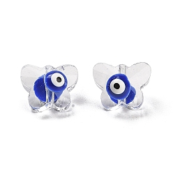 Bleu Perles de verre émaillées transparentes, papillon avec le mauvais œil, bleu, 8x10x6.5~7mm, Trou: 1mm