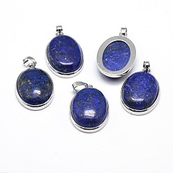 Lapis Lazuli Oval Platinum Plated Brass Dyed & Heated Lapis Lazuli Pendants, Cadmium Free & Lead Free, 31x20x7.5mm, Hole: 5x8mm