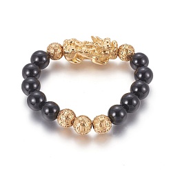 Golden 304 Stainless Steel Stretch Bracelets, with Black Stone, Pi Xiu, Golden, 2-3/8 inch(5.9cm)