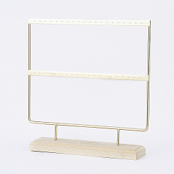 Golden Iron 2-Tier Earring Display Stand, for Hanging Dangle Earring, with Wood Pedestal, Golden, 25.2x25.5x5cm
