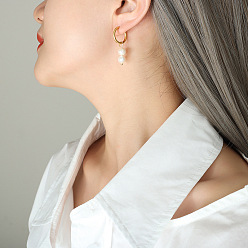 F210 - Golden Earrings French Style Pearl Hoop Earrings with Geometric Design in Titanium Steel for Women's Gift