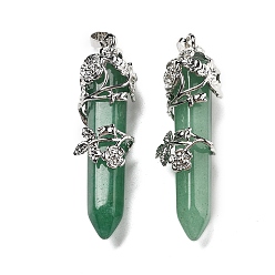 Зеленый Авантюрин Натуральные зеленые авантюрины большие остроконечные подвески, латунная фурнитура с платиновым покрытием, неокрашенными, пули, 55~60x16 мм, отверстие : 5x8.5 мм
