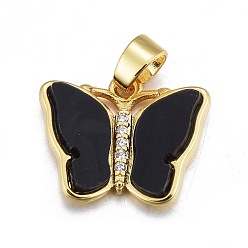 Черный Подвески из смолы, с золотистым латунным микропаве, фурнитура из фианита, бабочка, чёрные, 14x17.5x3 мм, отверстие : 3.5x5.5 мм