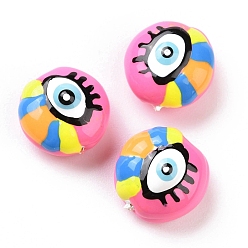 Hot Pink Enamel Beads, with ABS Plastic Imitation Pearl Inside, Oval with Evil Eye, Hot Pink, 13.5x13x7.5mm, Hole: 1mm