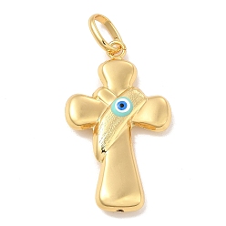 Pale Turquoise Brass Pendants, with Enamel, Real 18K Gold Plated, Long-Lasting Plated, Cross with Evil Eye Charm, Pale Turquoise, 40x26x7mm, Hole: 10x7mm